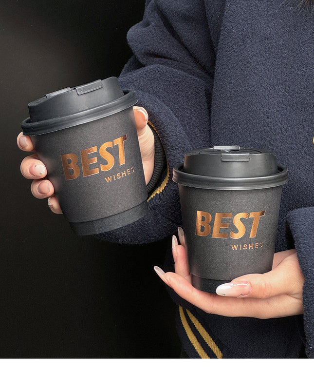Bronze Foil Black Disposable Coffee Cup with Lid Commercial Double-layer Thickened Hot Drink Paper Cup Custom Logo Printing