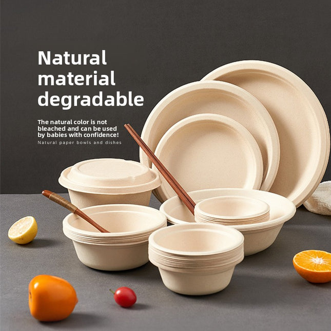 Disposable Paper Pulp Bowl Tableware Set Paper Bowl Commercial Household Bowl Biodegradable Whole Box Disposable Round Dinner Bowl