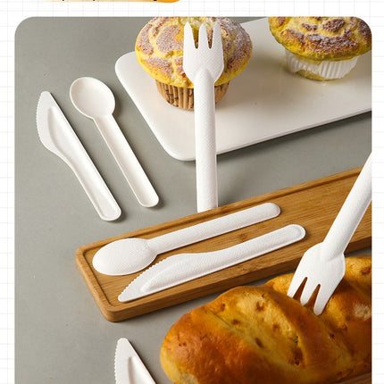 Disposable Paper Pulp Knife Fork Spoon Food Grade Hardened Cake Fork Western Dessert Tableware Eco-friendly Biodegradable Three-piece Set