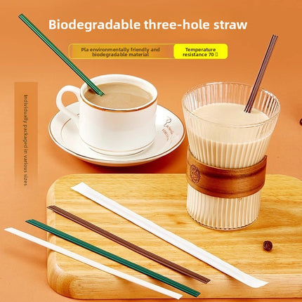 Biodegradable PLA Disposable Coffee Stirring Stick Three-Hole Tube Single Piece Individually Packaged Food-Grade Biodegradable Straw