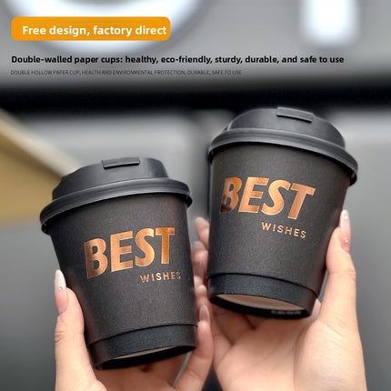 Bronze Foil Black Disposable Coffee Cup with Lid Commercial Double-layer Thickened Hot Drink Paper Cup Custom Logo Printing