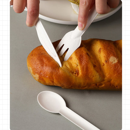 Disposable Paper Pulp Knife Fork Spoon Food Grade Hardened Cake Fork Western Dessert Tableware Eco-friendly Biodegradable Three-piece Set