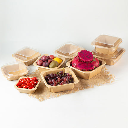 Disposable Kraft Paper Takeaway Box Square Octagonal Bowl Thickened with Lid Eco-friendly Lunch Box Bento Salad Box