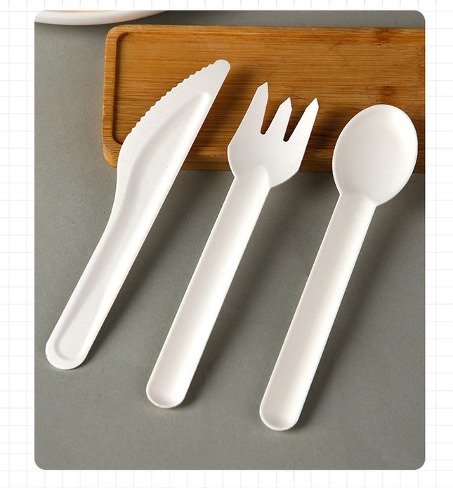 Disposable Paper Pulp Knife Fork Spoon Food Grade Hardened Cake Fork Western Dessert Tableware Eco-friendly Biodegradable Three-piece Set